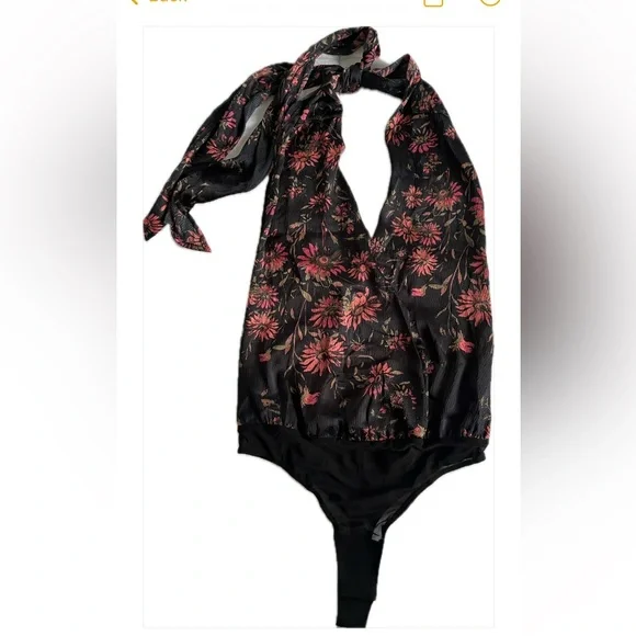 Free People Floral Halter Bodysuit There She Goes Medium Black Pink NEW - Picture 2 of 7
